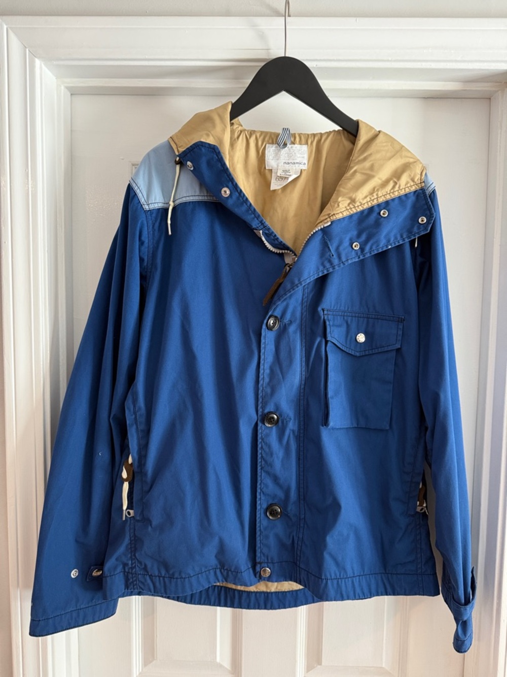 Men's Lightweight Blue Hooded Jacket with Tan Lining
